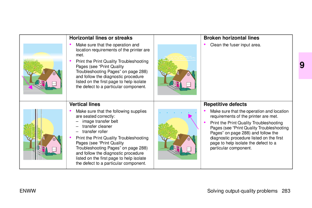 HP 9500mfp manual Horizontal lines or streaks, Vertical lines Repetitive defects 