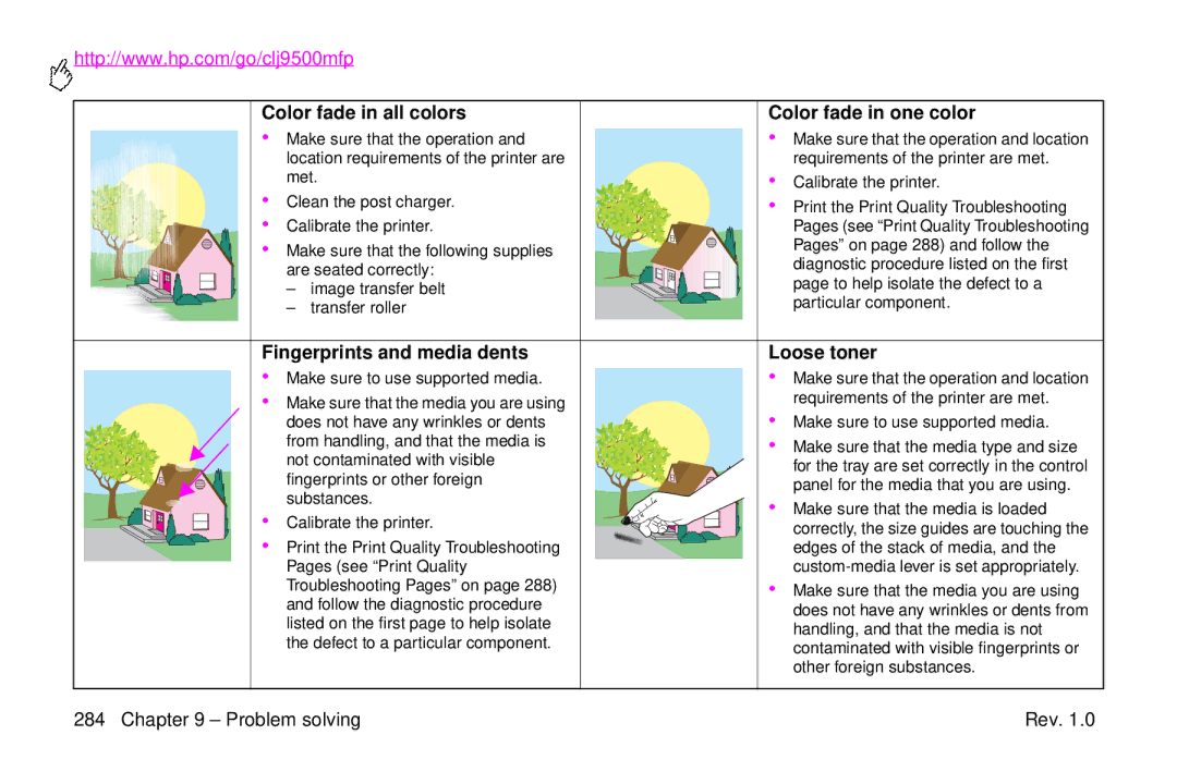 HP 9500mfp manual Color fade in all colors Color fade in one color, Fingerprints and media dents Loose toner 