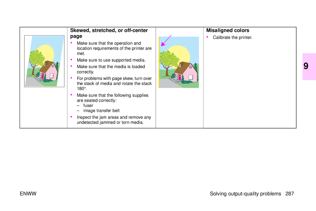 HP 9500mfp manual Skewed, stretched, or off-center, Misaligned colors 