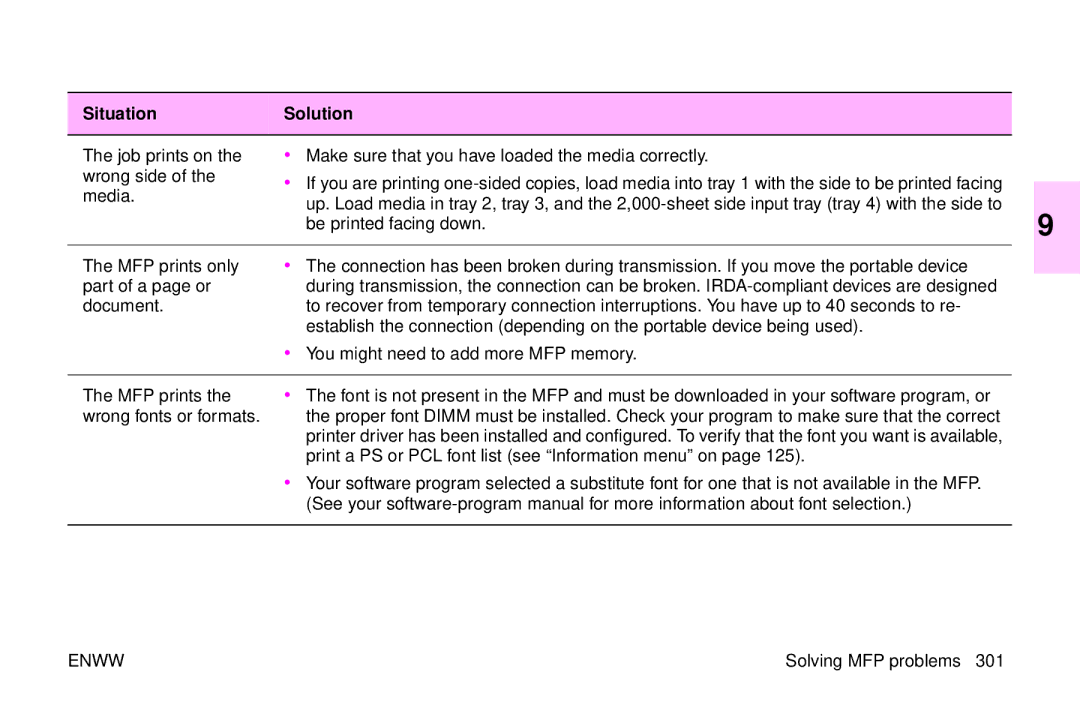 HP 9500mfp manual Be printed facing down, Print a PS or PCL font list see Information menu on 