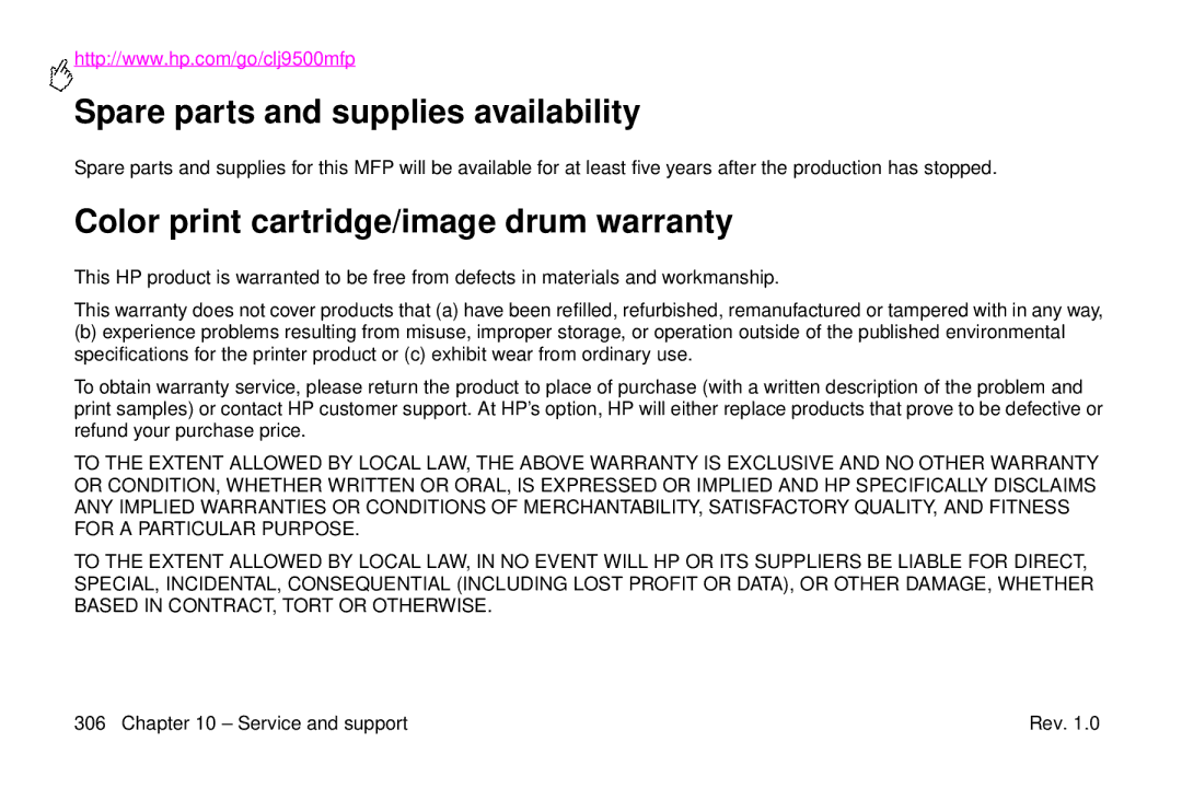 HP 9500mfp manual Spare parts and supplies availability, Color print cartridge/image drum warranty, Service and support 