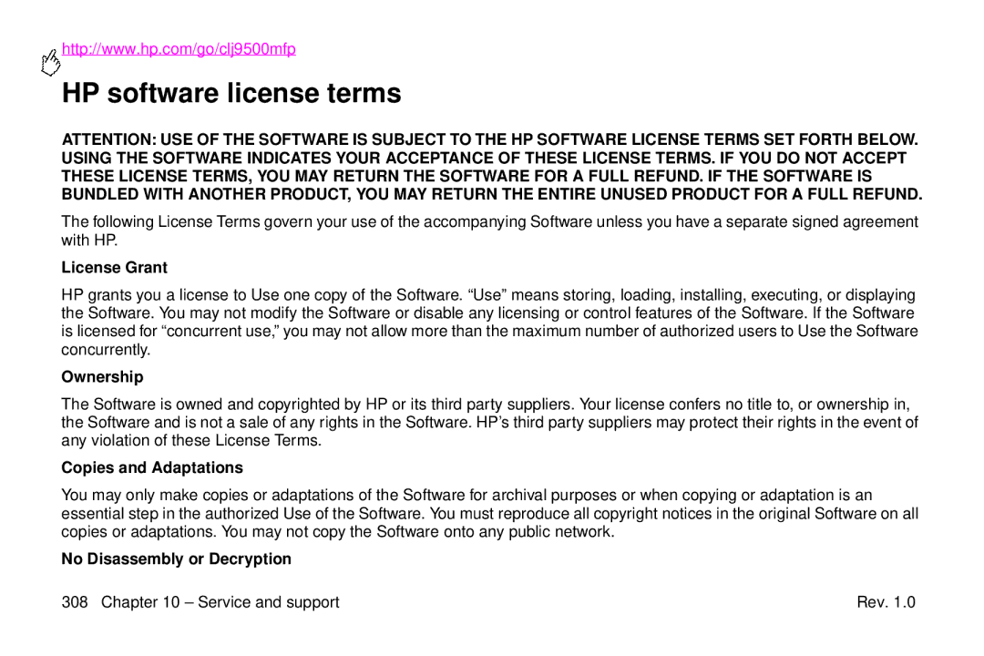 HP 9500mfp manual HP software license terms, License Grant, Ownership, Copies and Adaptations, No Disassembly or Decryption 