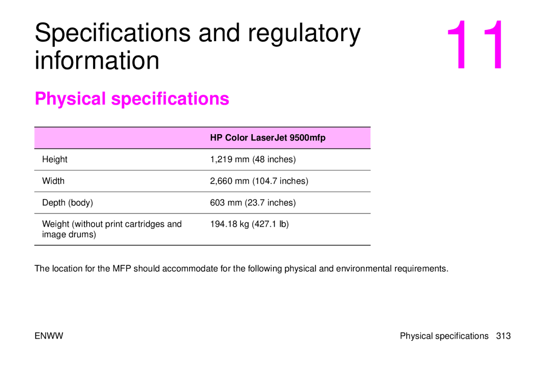 HP manual Physical specifications, HP Color LaserJet 9500mfp 