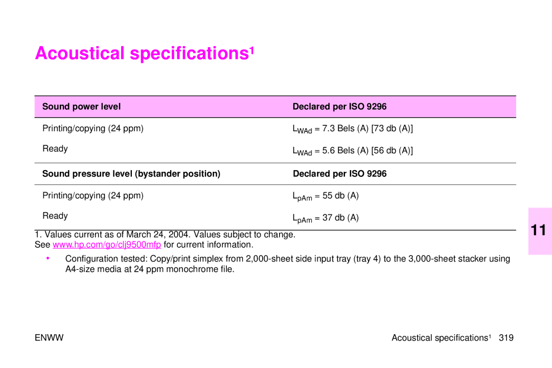 HP 9500mfp manual Acoustical specifications¹, Sound power level Declared per ISO 