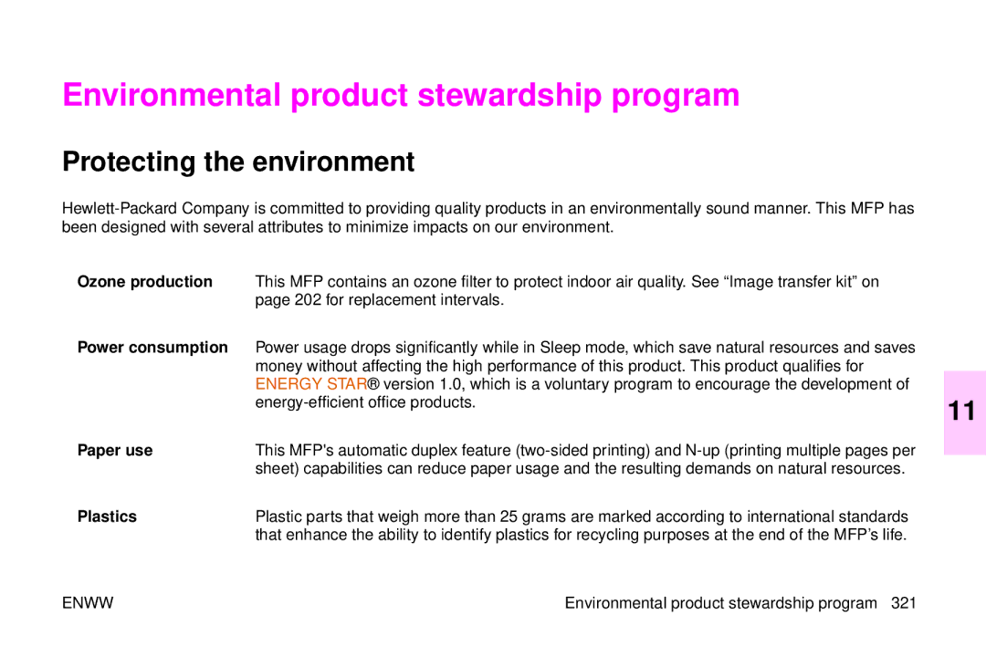 HP 9500mfp manual Environmental product stewardship program, Protecting the environment 