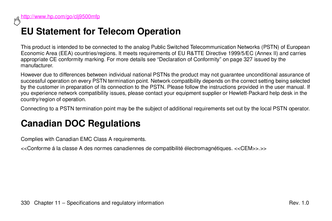 HP 9500mfp manual EU Statement for Telecom Operation, Canadian DOC Regulations 