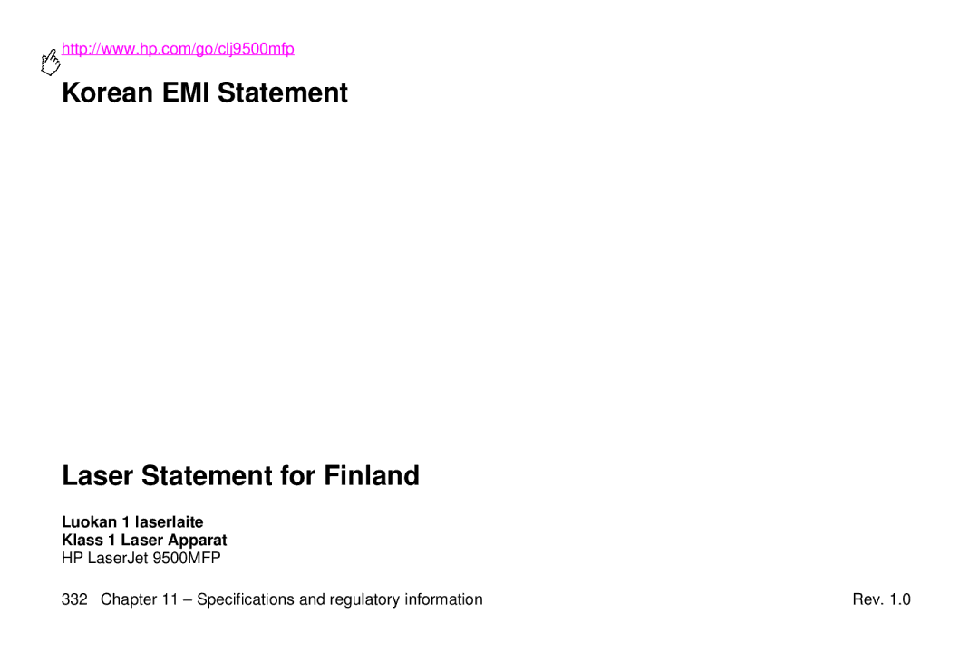 HP 9500mfp manual Korean EMI Statement Laser Statement for Finland, Luokan 1 laserlaite Klass 1 Laser Apparat 