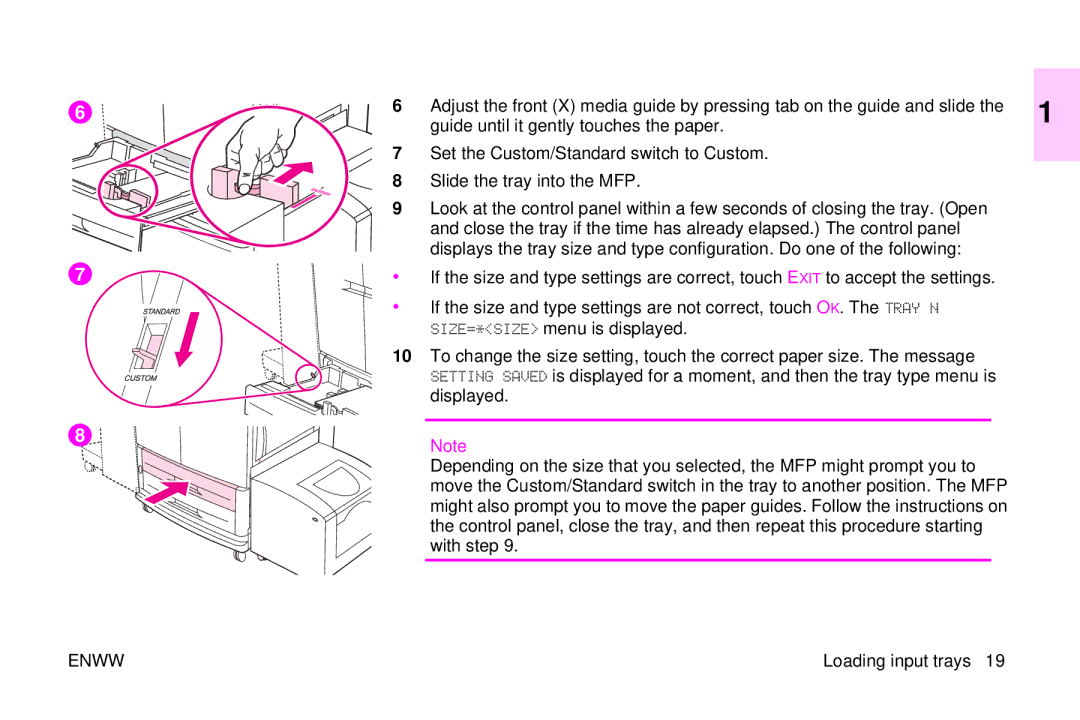 HP 9500mfp Guide until it gently touches the paper, Set the Custom/Standard switch to Custom, SIZE=*SIZE menu is displayed 