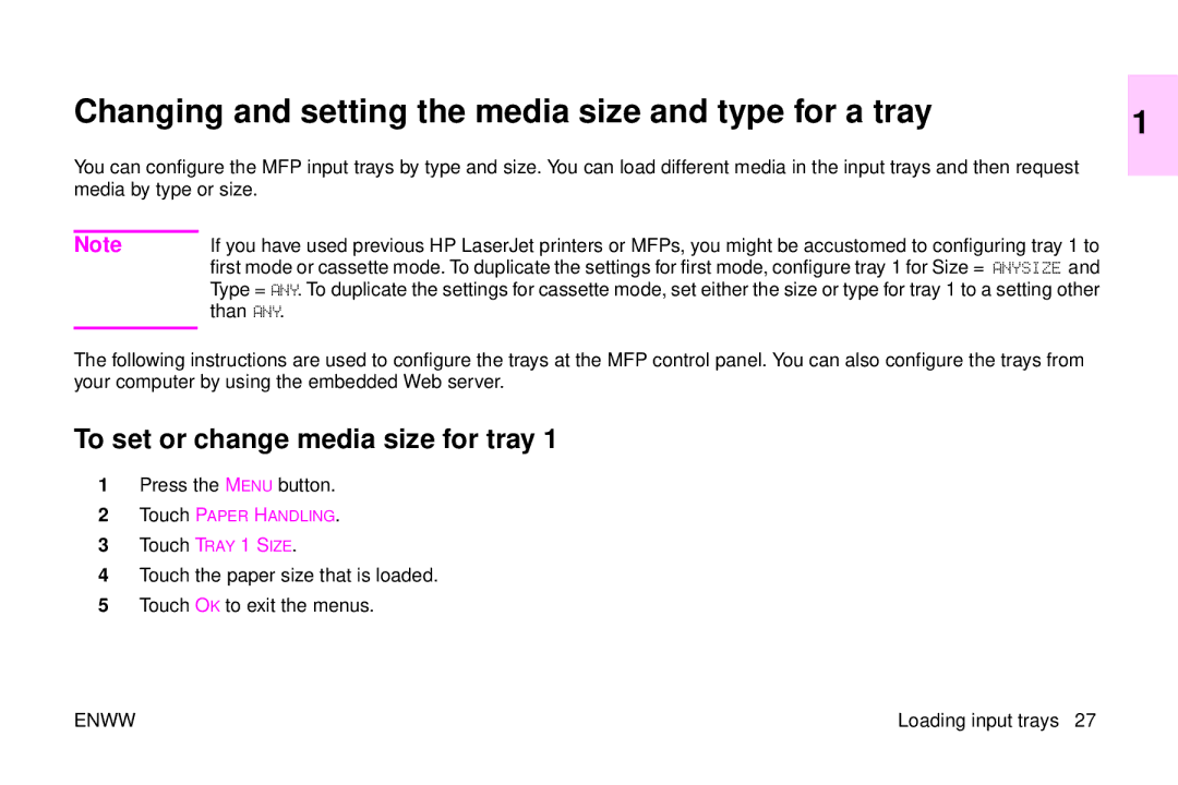 HP 9500mfp manual Changing and setting the media size and type for a tray, To set or change media size for tray, Than ANY 