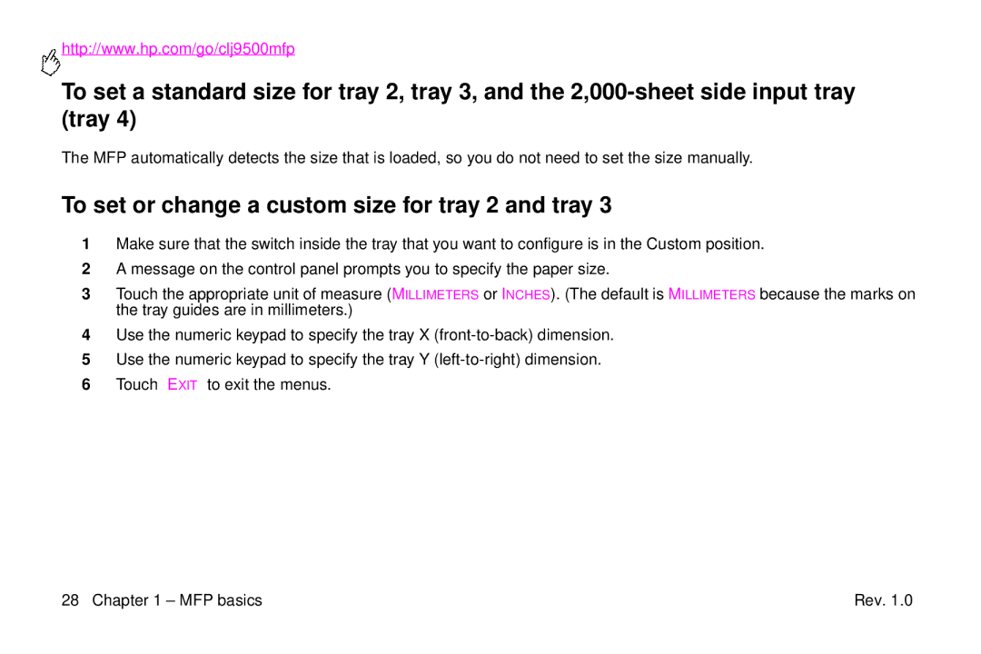 HP 9500mfp manual To set or change a custom size for tray 2 and tray 