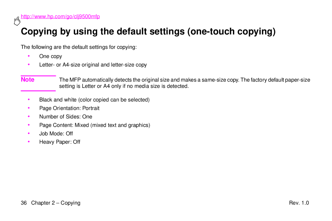 HP 9500mfp manual Copying by using the default settings one-touch copying 