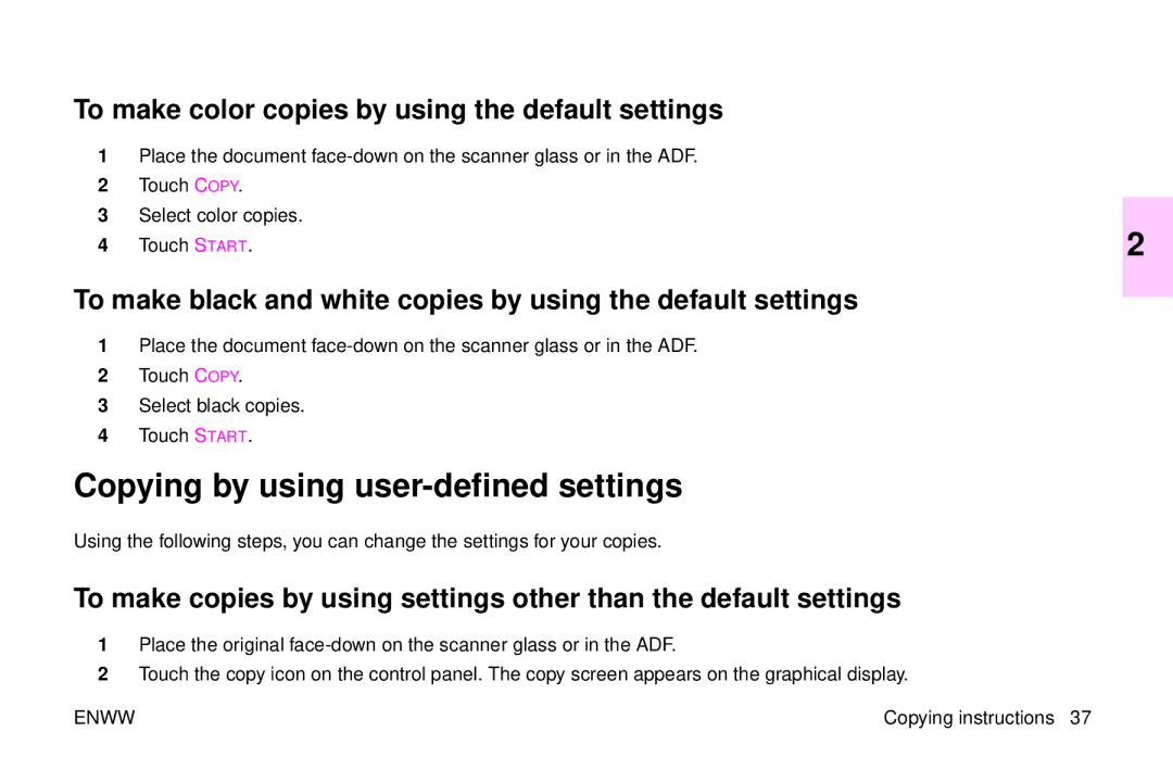 HP 9500mfp manual Copying by using user-defined settings, To make color copies by using the default settings 