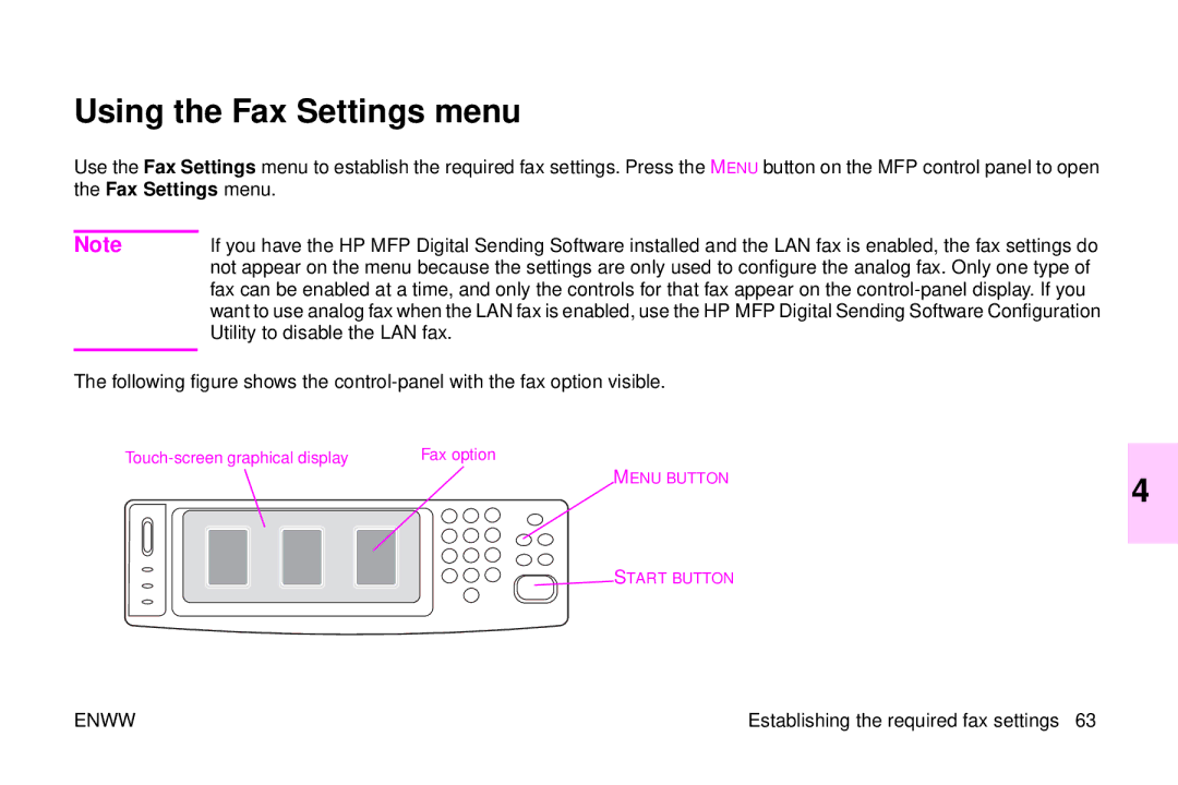 HP 9500mfp manual Using the Fax Settings menu, Utility to disable the LAN fax, Establishing the required fax settings 