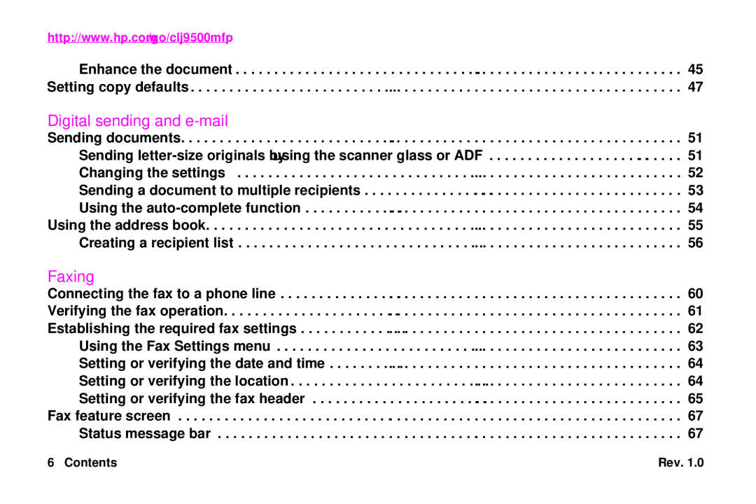 HP 9500mfp manual Digital sending and e-mail, Contents 