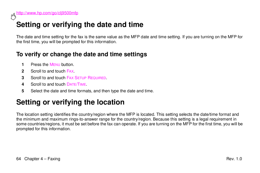 HP 9500mfp manual Setting or verifying the date and time, Setting or verifying the location 