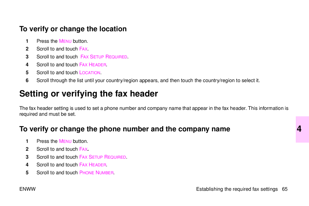 HP 9500mfp manual Setting or verifying the fax header, To verify or change the location 