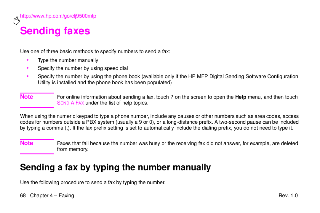 HP 9500mfp Sending faxes, Sending a fax by typing the number manually, Send a FAX under the list of help topics 