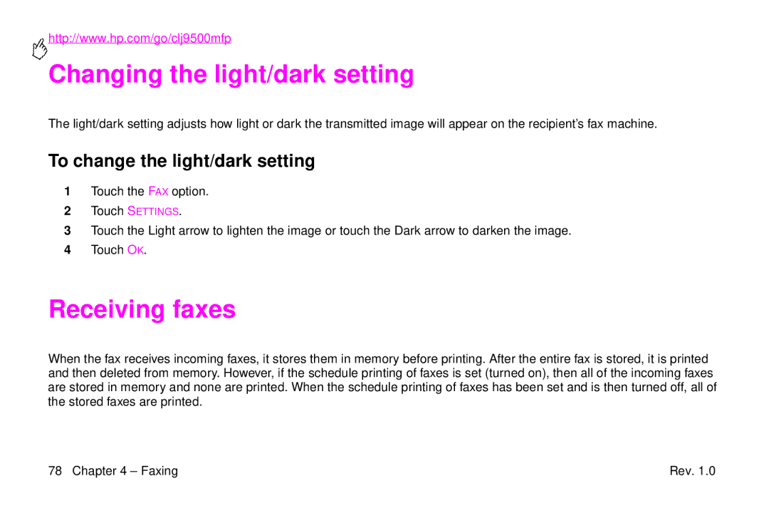 HP 9500mfp manual Changing the light/dark setting, Receiving faxes, To change the light/dark setting 