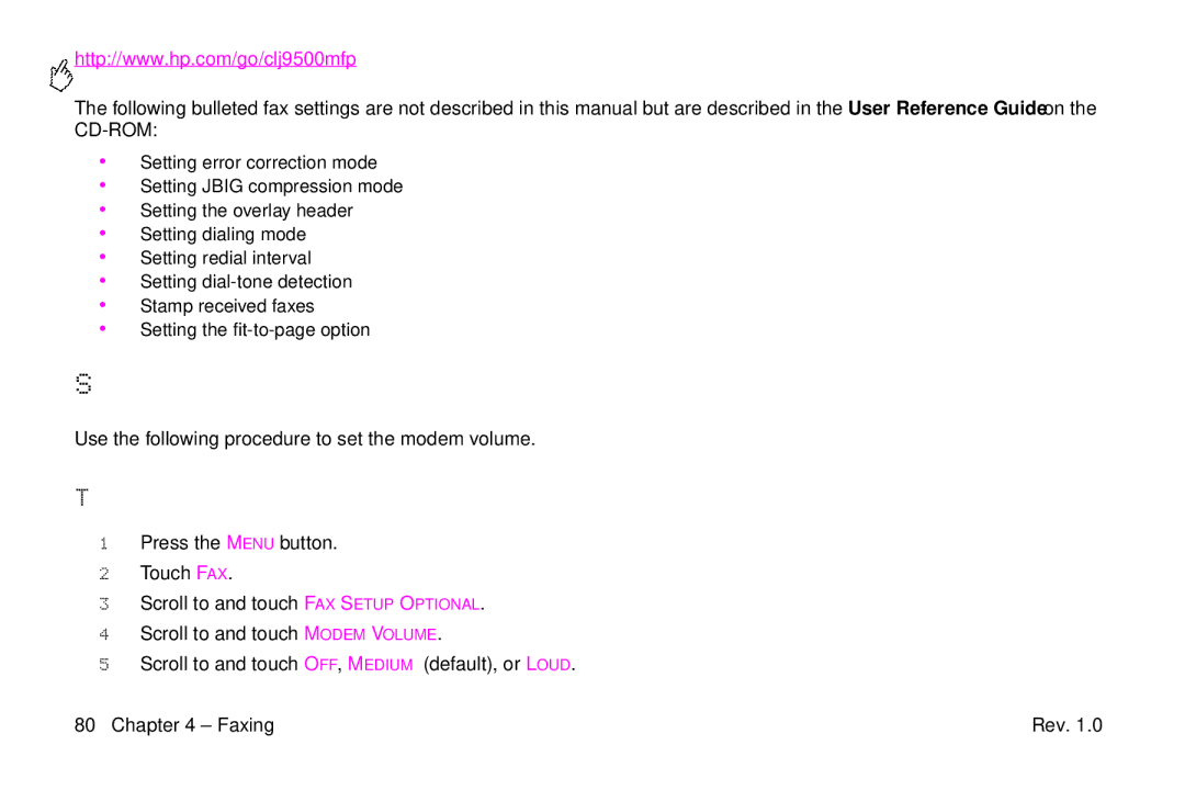 HP 9500mfp manual Setting the modem volume, To set the modem volume, Use the following procedure to set the modem volume 