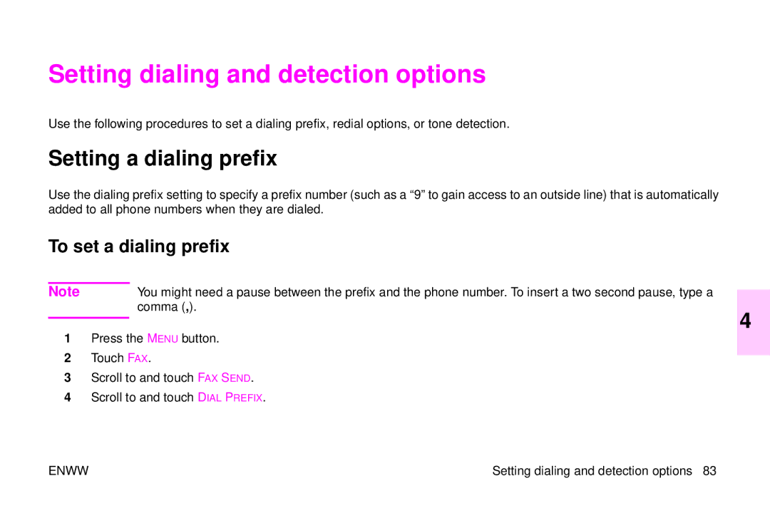 HP 9500mfp manual Setting dialing and detection options, Setting a dialing prefix, To set a dialing prefix, Comma 