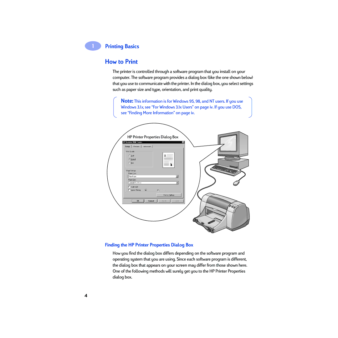 HP 950C manual How to Print, Finding the HP Printer Properties Dialog Box 