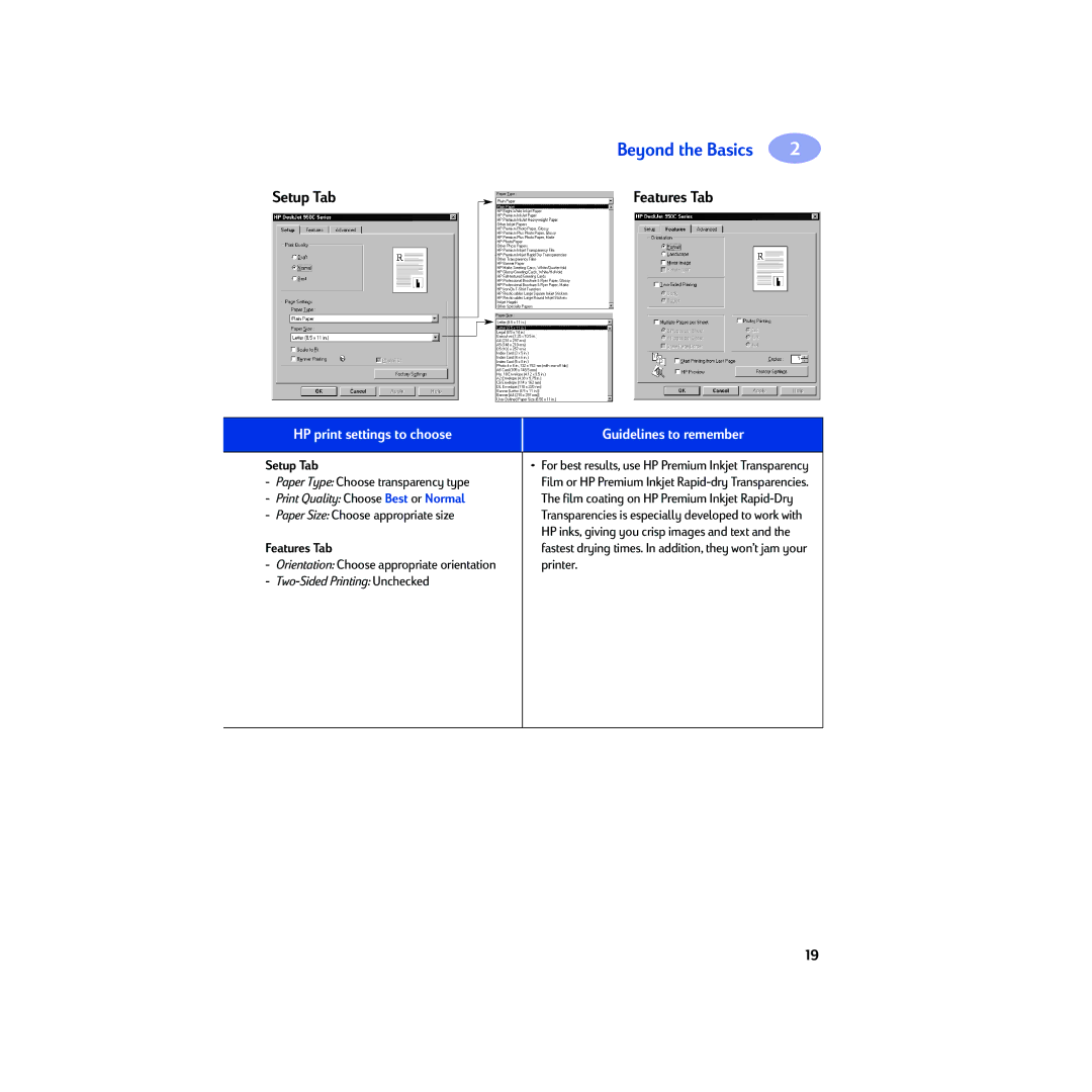 HP 950C manual Paper Type Choose transparency type 