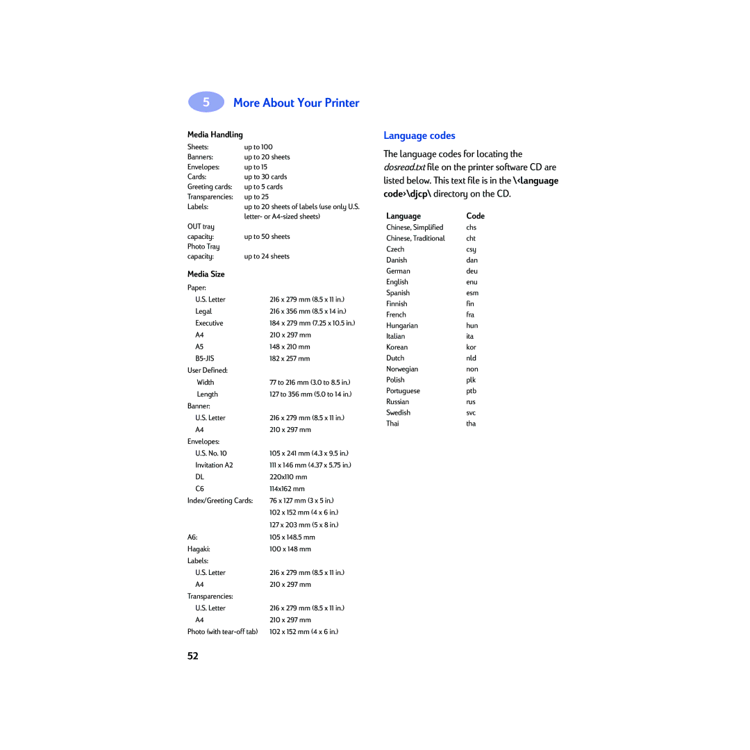 HP 950C manual Language codes, Media Handling 