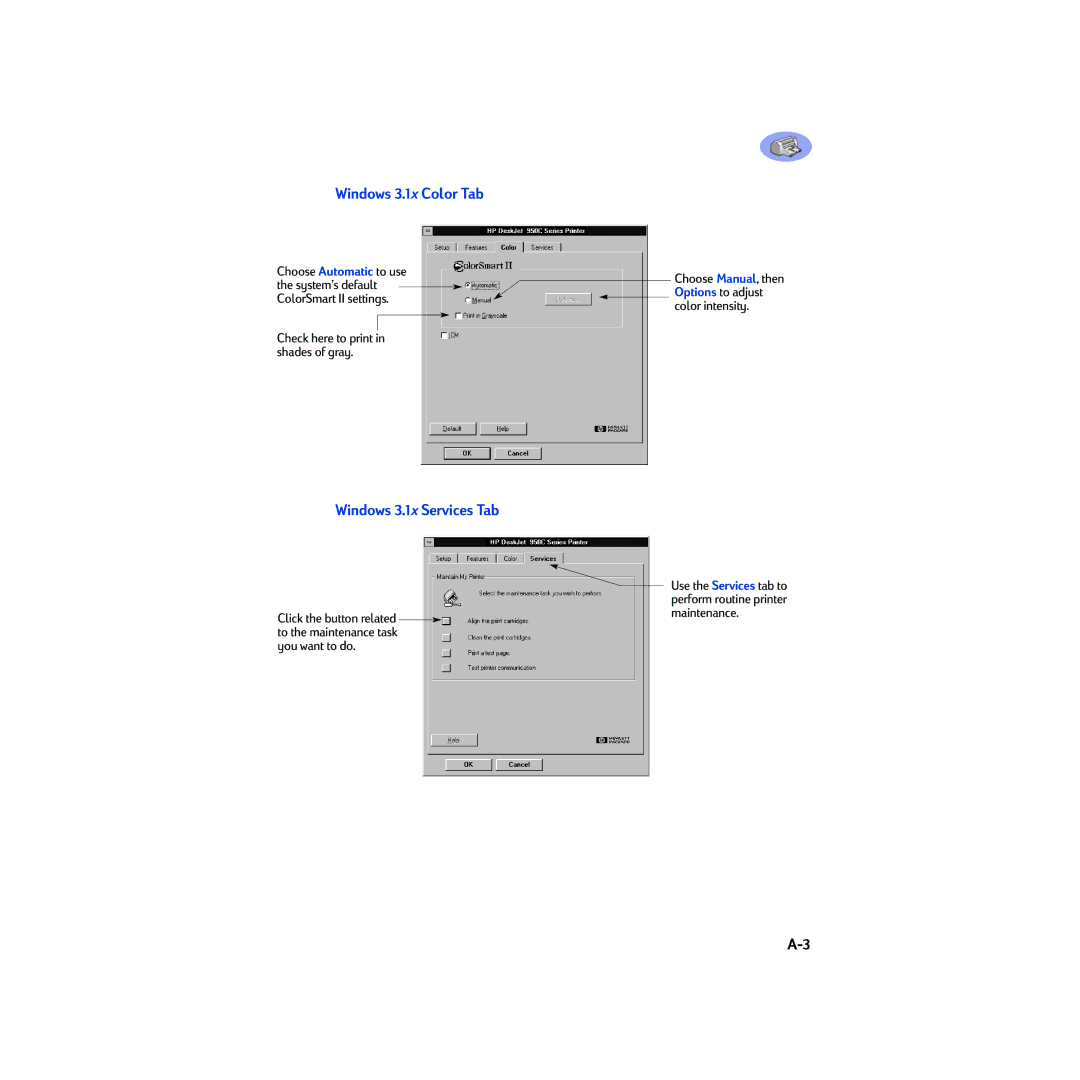 HP 950C manual Windows 3.1x Color Tab, Windows 3.1x Services Tab, Check here to print in shades of gray Choose Manual, then 