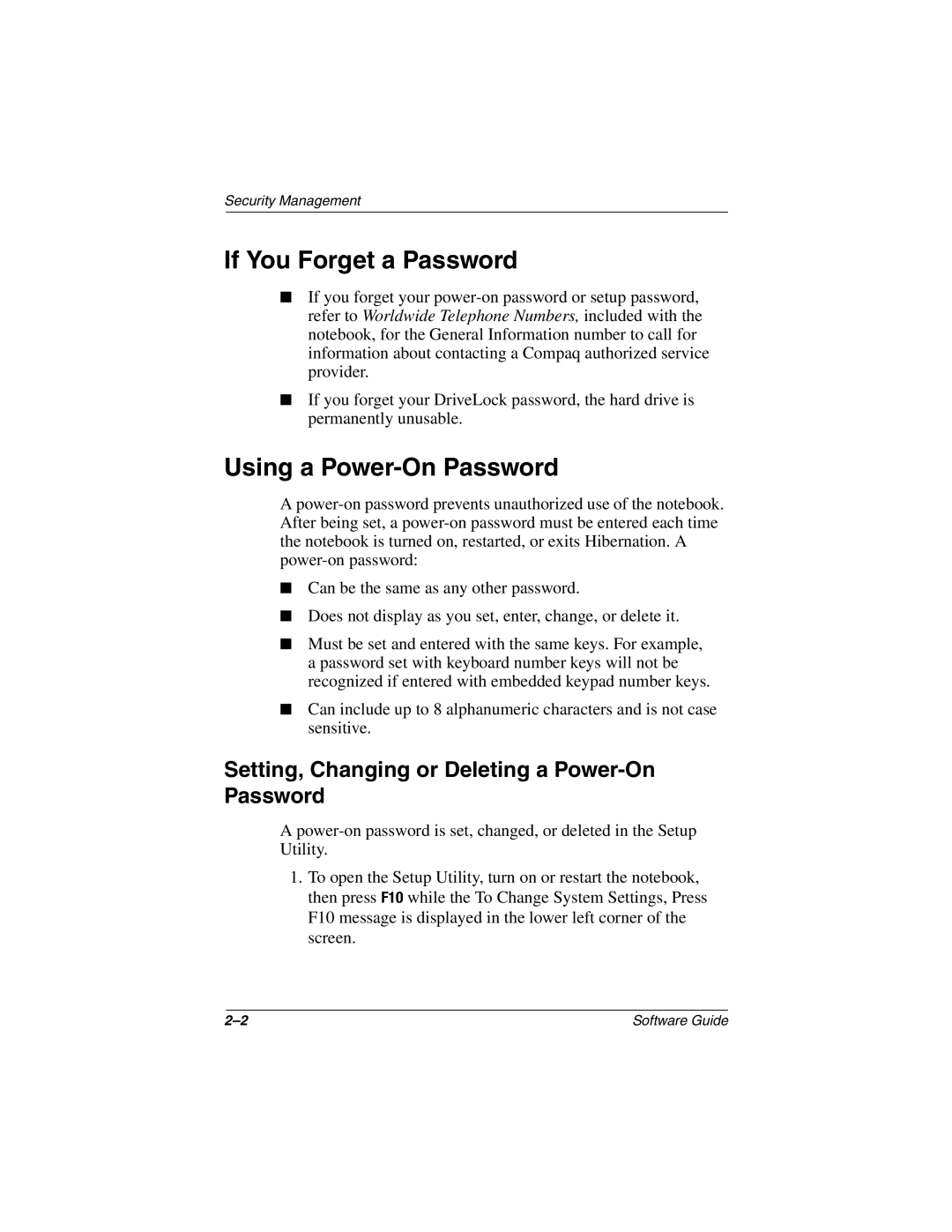 HP 903EA, 955AP If You Forget a Password, Using a Power-On Password, Setting, Changing or Deleting a Power-On Password 