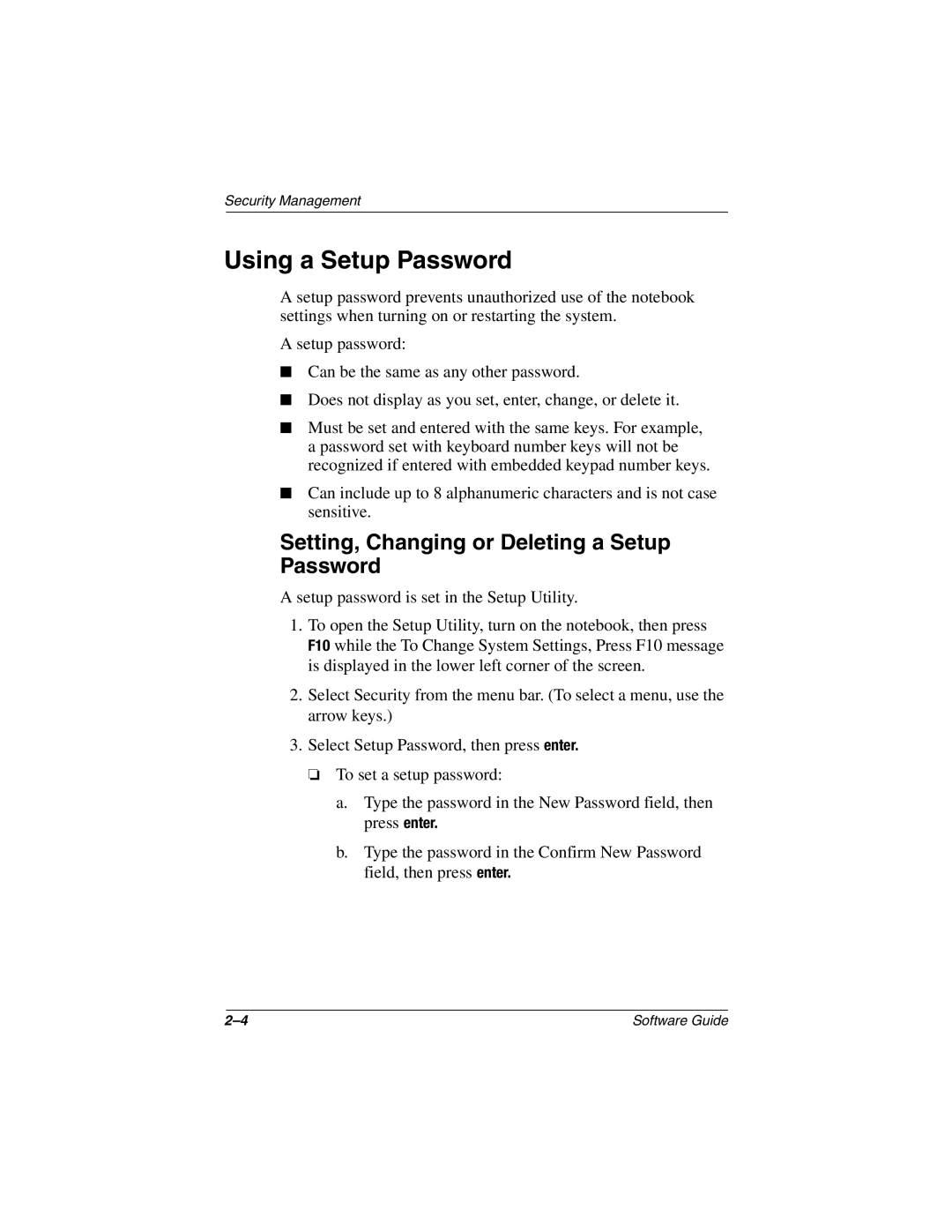 HP 902AU, 955AP, 950AP, 943AP, 940AP, 935AP, 927AP, 930AP Using a Setup Password, Setting, Changing or Deleting a Setup Password 