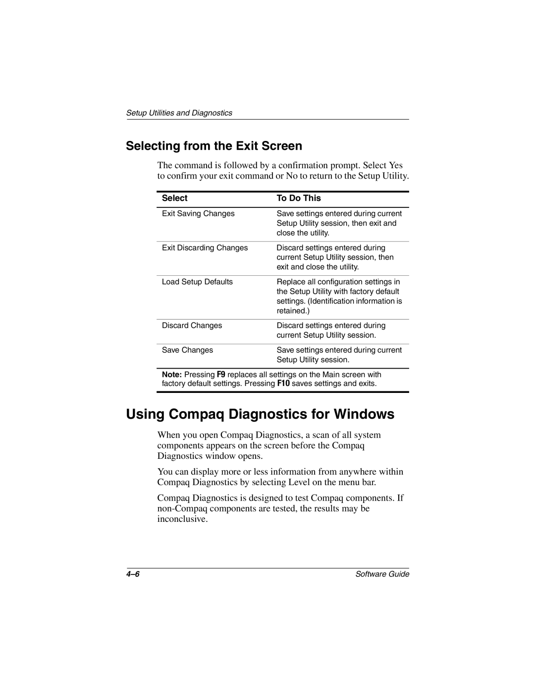 HP 920AP, 955AP, 950AP, 943AP, 940AP, 935AP, 927AP, 930AP Using Compaq Diagnostics for Windows, Selecting from the Exit Screen 