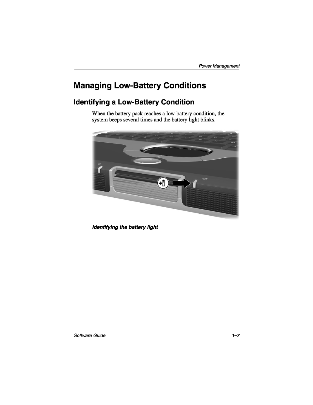 HP 905TC, 955AP, 950AP Managing Low-Battery Conditions, Identifying a Low-Battery Condition, Identifying the battery light 