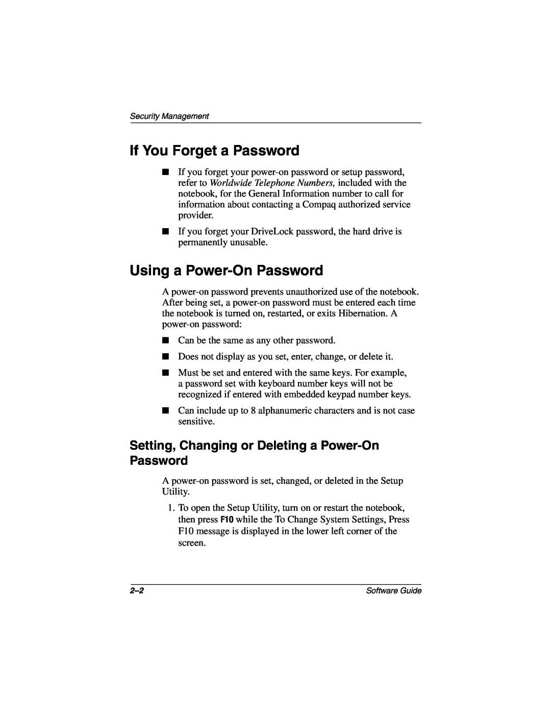 HP 903EA, 955AP If You Forget a Password, Using a Power-On Password, Setting, Changing or Deleting a Power-On Password 