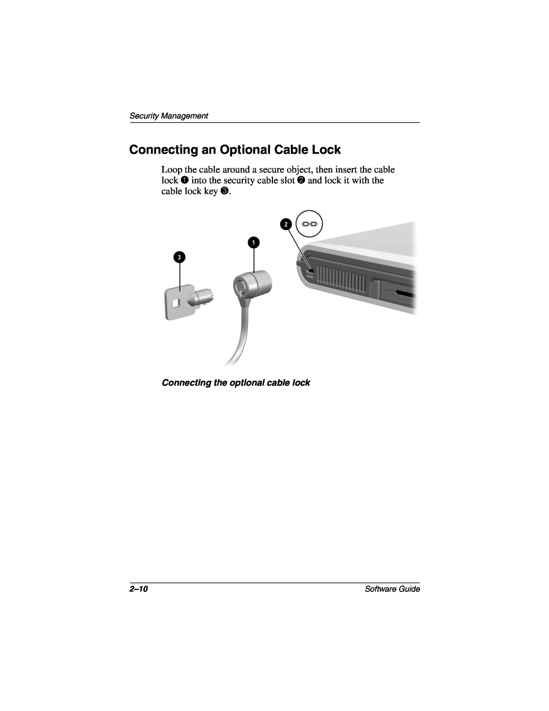 HP 907AP Connecting an Optional Cable Lock, Connecting the optional cable lock, Security Management, 2-10, Software Guide 