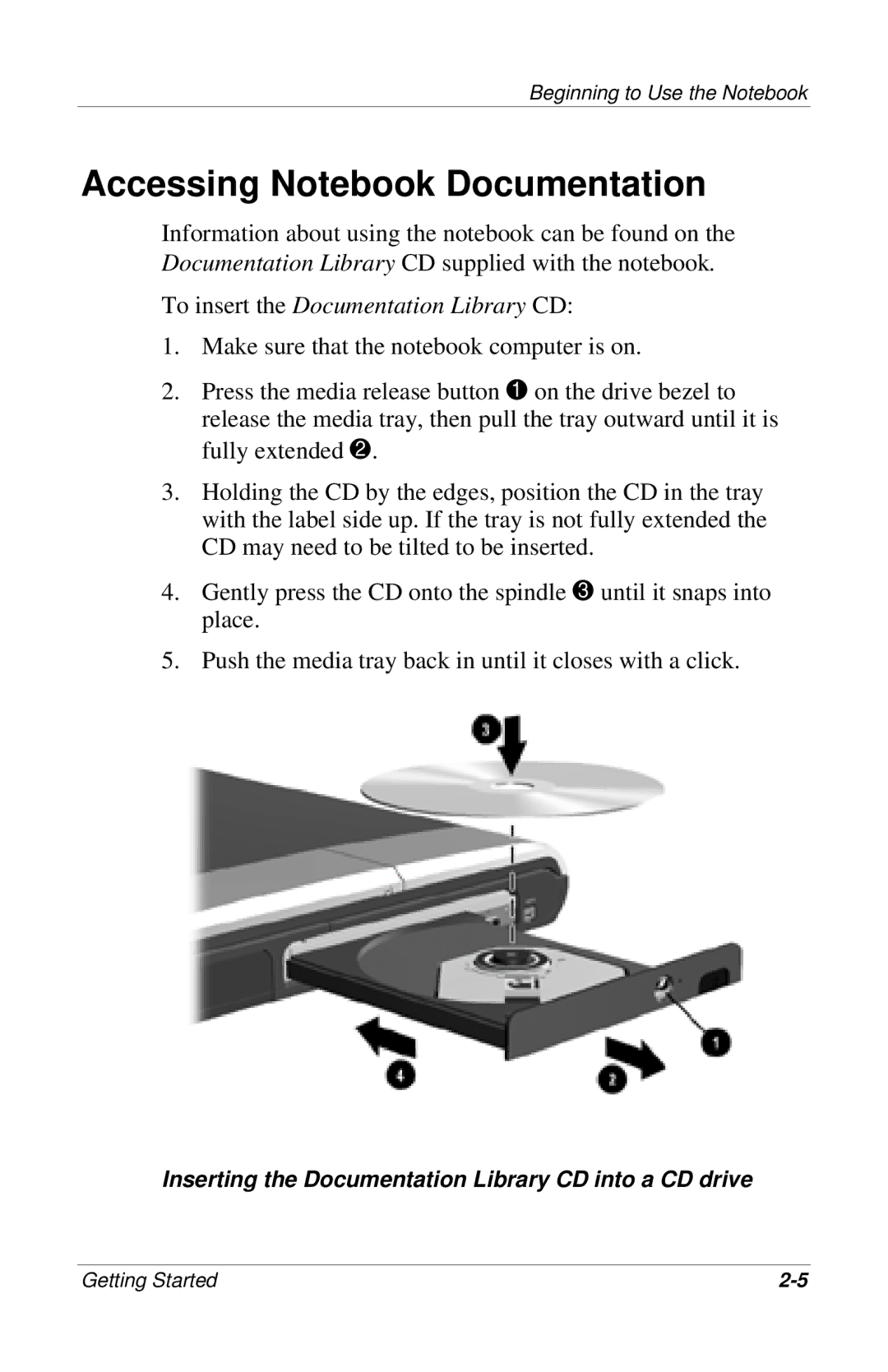 HP 904AP, 955AP, 950AP, 943AP, 945AP, 940AP, 935AP Accessing Notebook Documentation, To insert the Documentation Library CD 