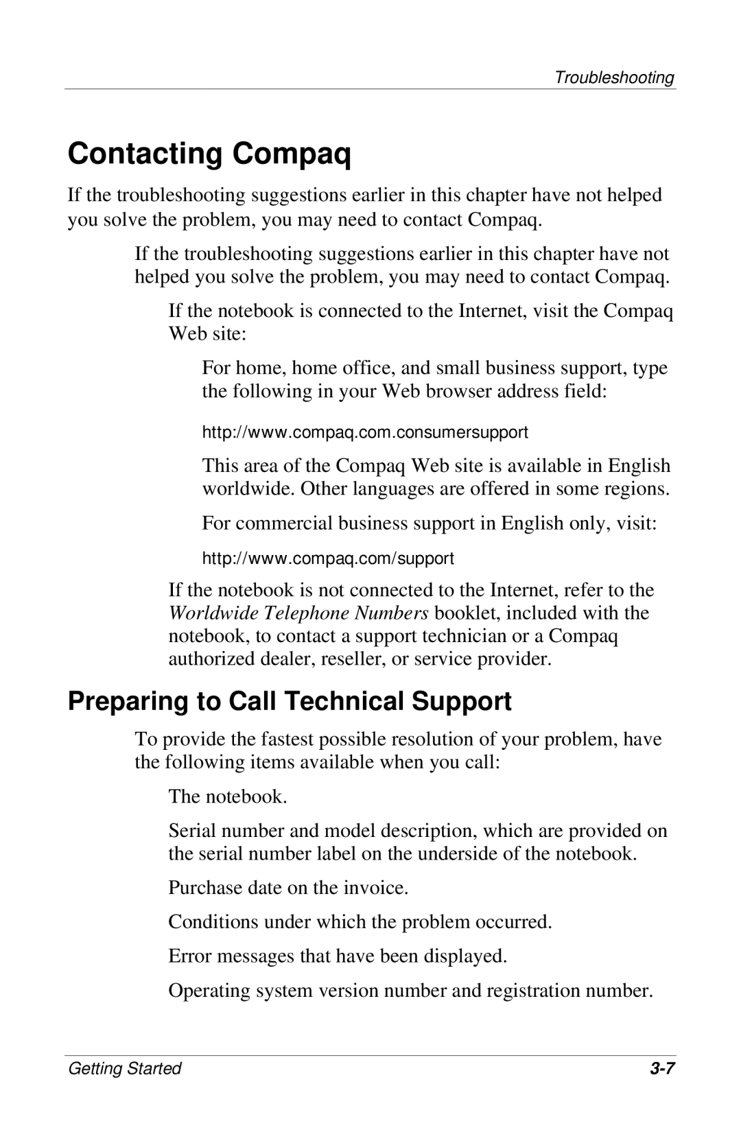 HP 909EA, 955AP, 950AP, 943AP, 945AP, 940AP, 935AP, 927AP, 930AP, 925EA Contacting Compaq, Preparing to Call Technical Support 