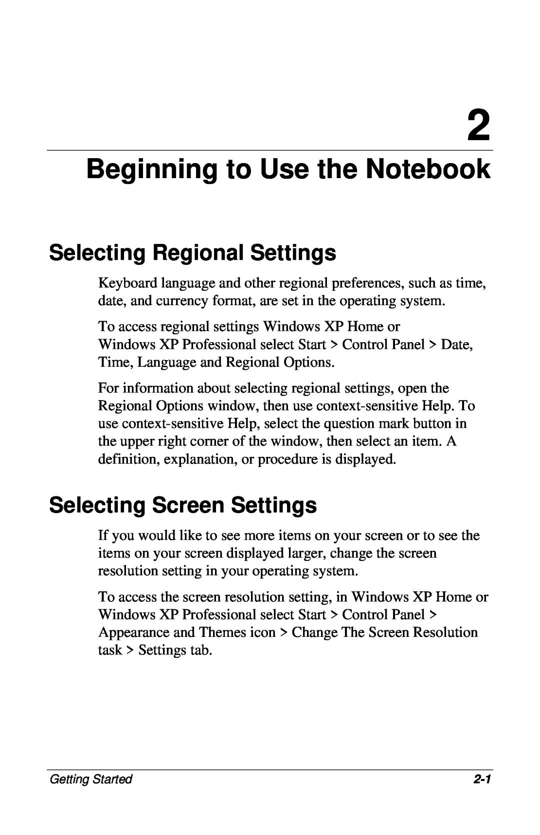 HP 905AP, 955AP, 950AP, 943AP, 945AP Beginning to Use the Notebook, Selecting Regional Settings, Selecting Screen Settings 