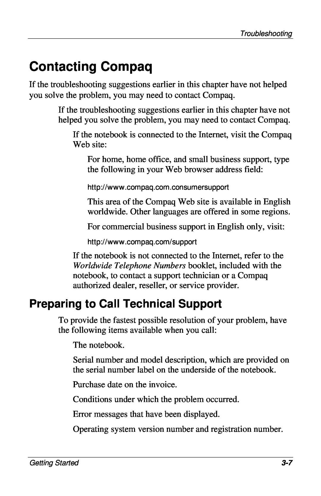 HP 909EA, 955AP, 950AP, 943AP, 945AP, 940AP, 935AP, 927AP, 930AP, 925EA Contacting Compaq, Preparing to Call Technical Support 