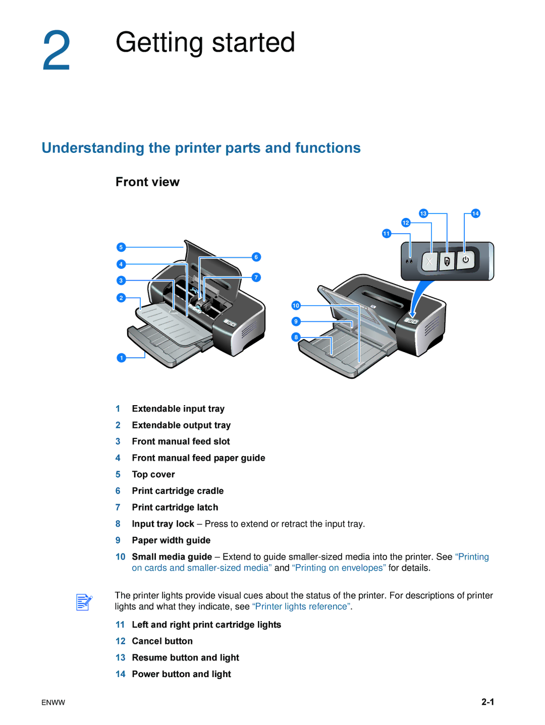 HP 9600 manual Getting started, Understanding the printer parts and functions, Front view 