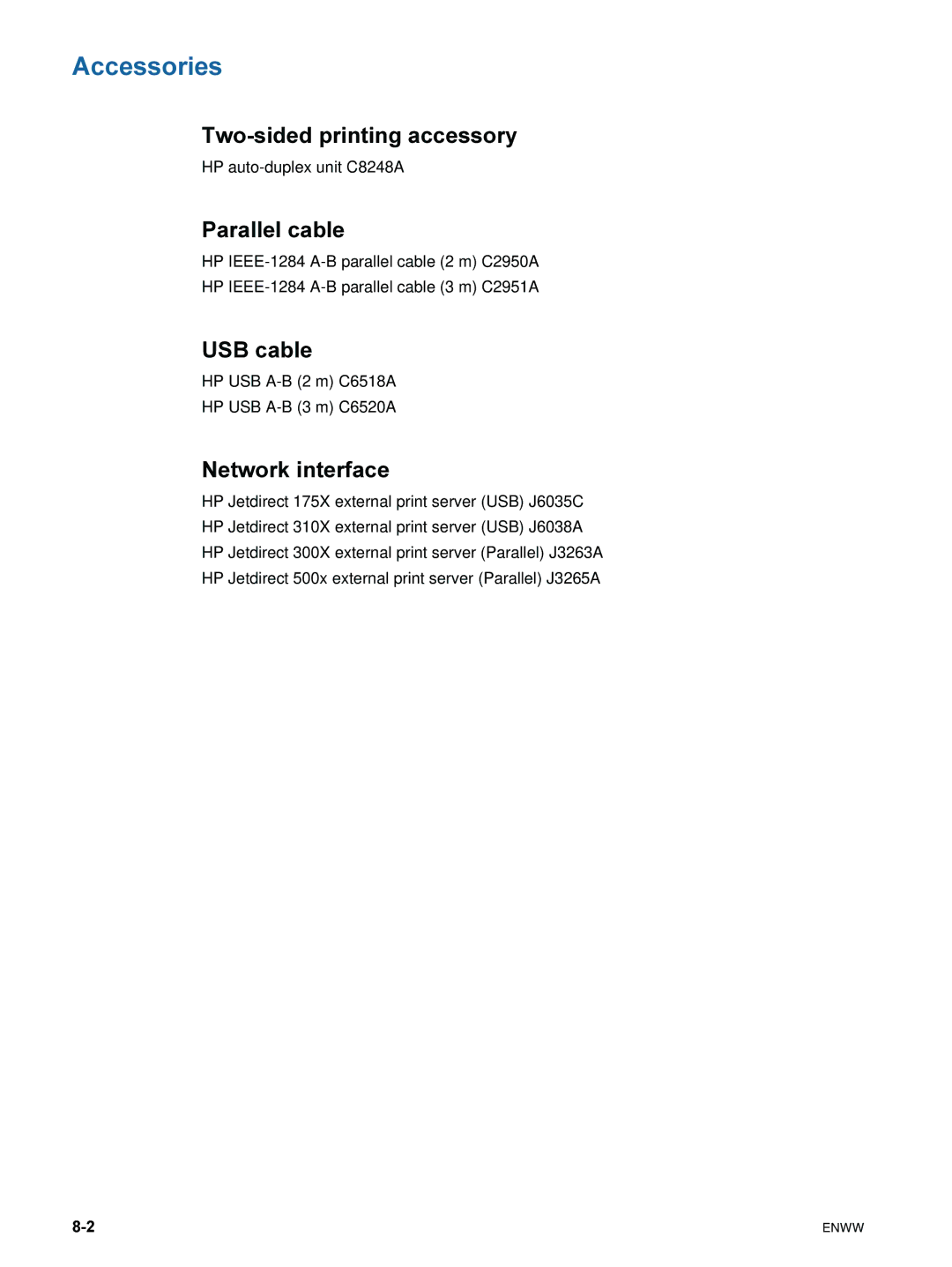 HP 9600 manual Accessories, Two-sided printing accessory, Parallel cable, USB cable, Network interface 