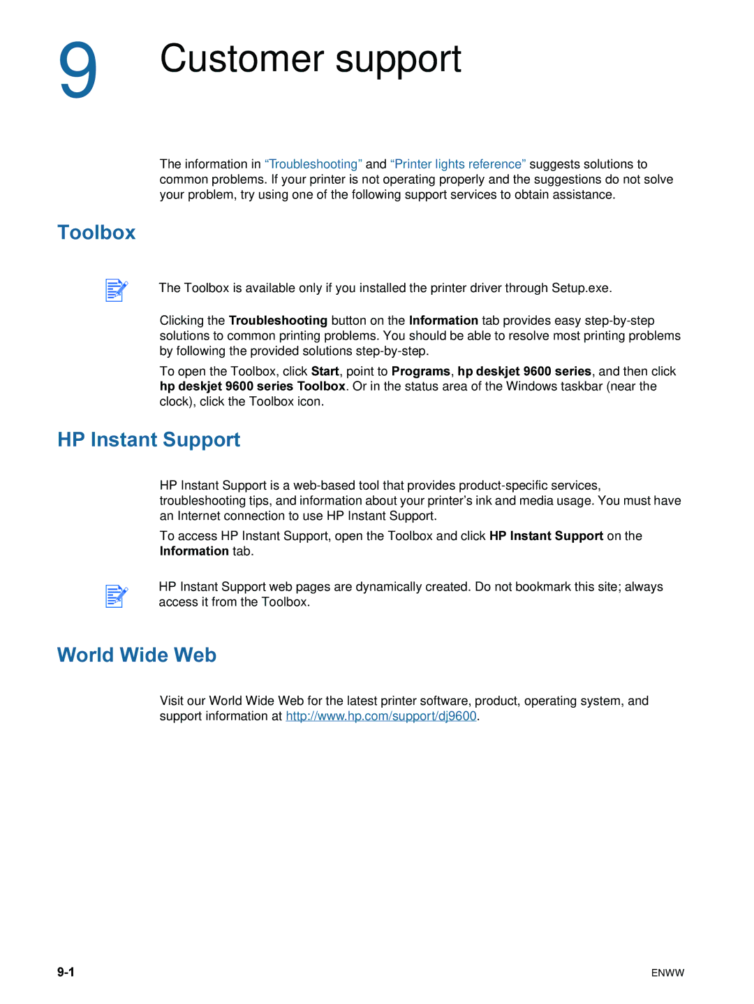 HP 9600 manual Customer support, Toolbox, HP Instant Support, World Wide Web 