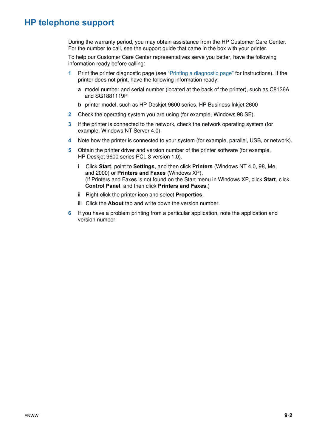 HP 9600 manual HP telephone support 