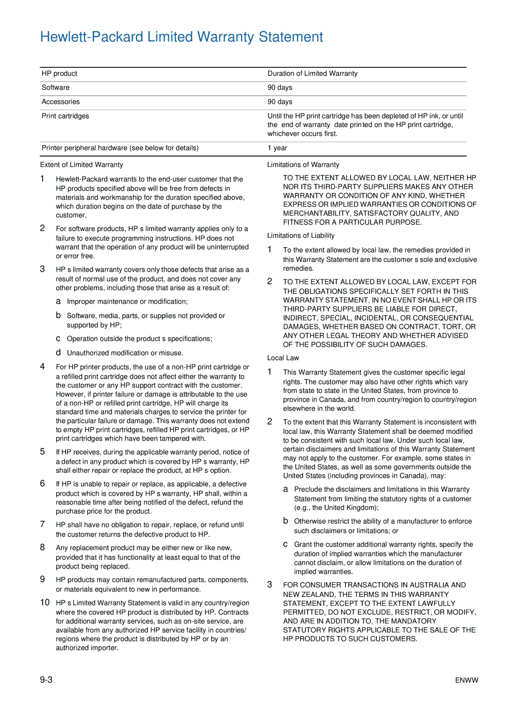 HP 9600 manual Hewlett-Packard Limited Warranty Statement 