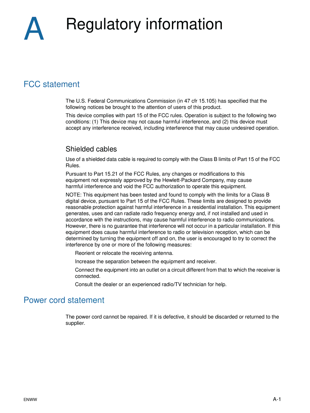 HP 9600 manual Regulatory information, FCC statement, Power cord statement, Shielded cables 