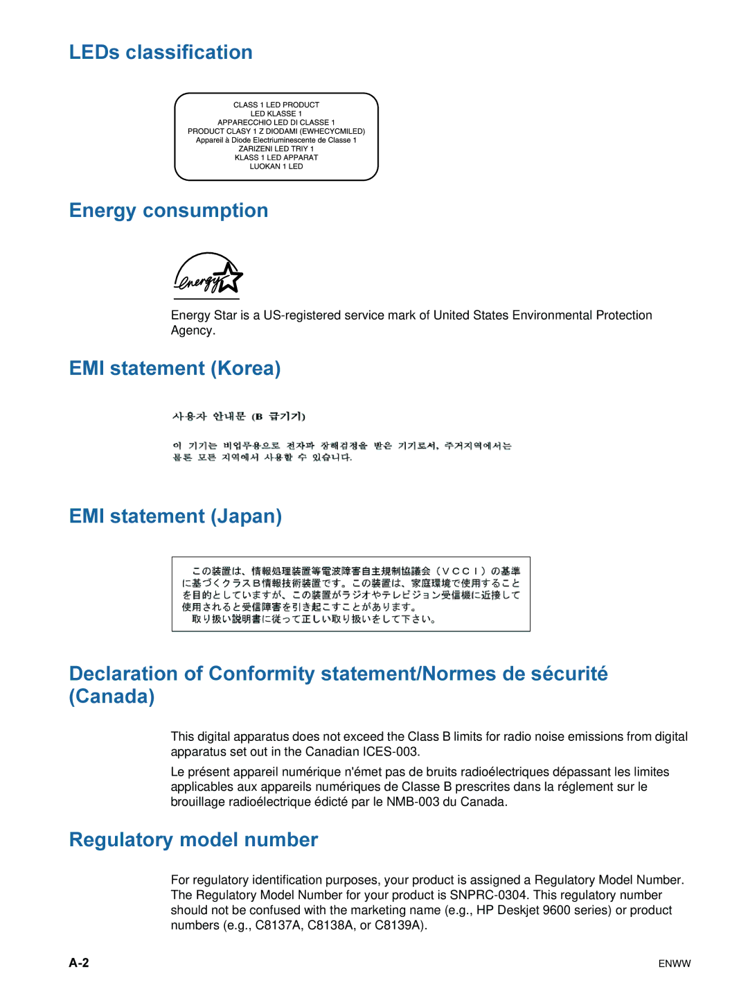 HP 9600 manual LEDs classification Energy consumption, Regulatory model number 