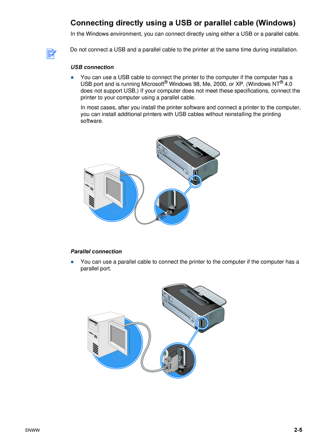 HP 9600 manual Connecting directly using a USB or parallel cable Windows 