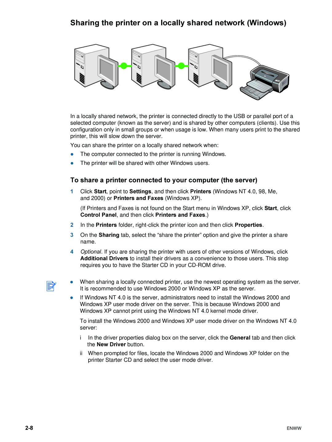 HP 9600 Sharing the printer on a locally shared network Windows, To share a printer connected to your computer the server 