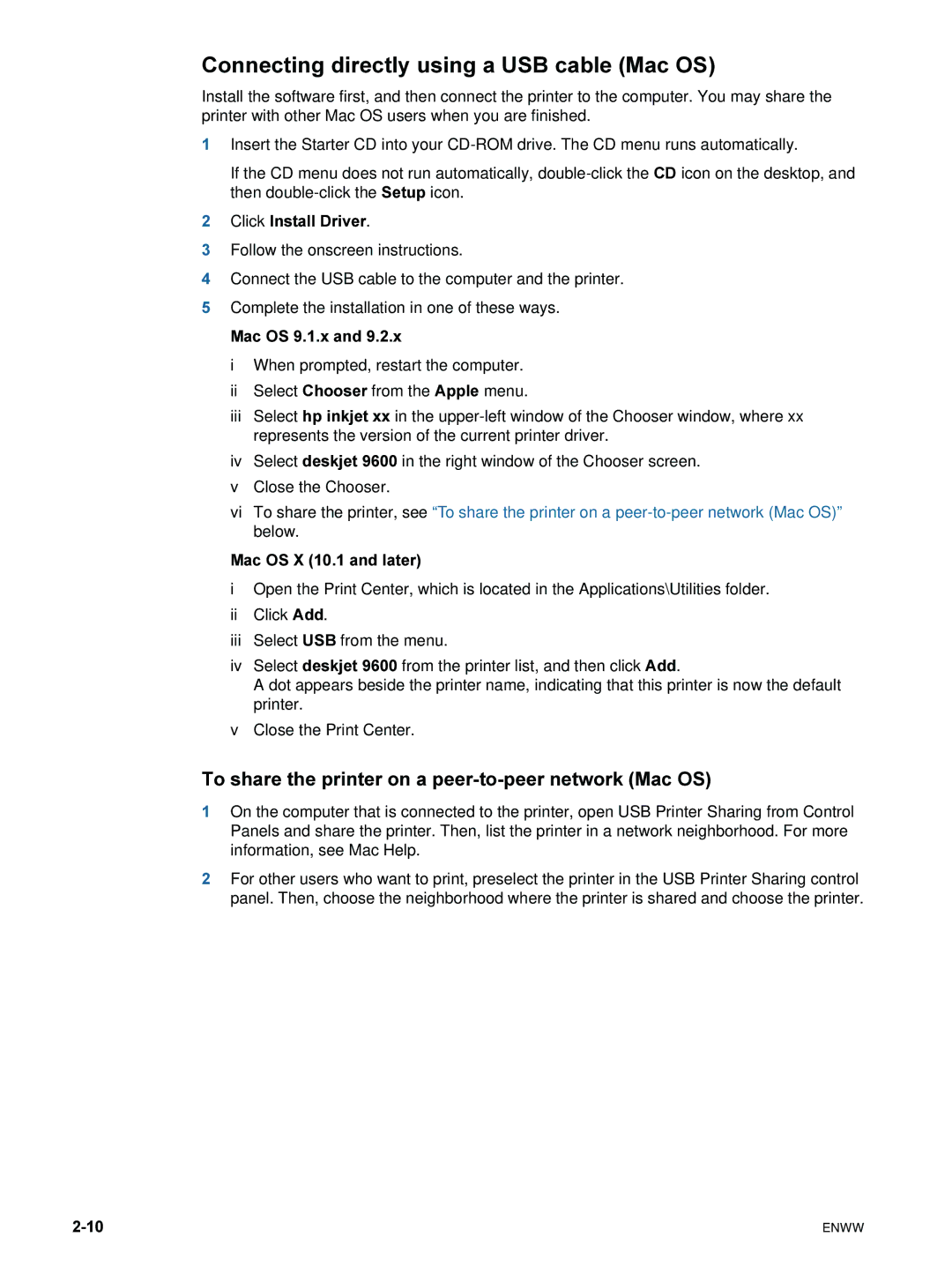 HP 9600 manual Connecting directly using a USB cable Mac OS, To share the printer on a peer-to-peer network Mac OS 