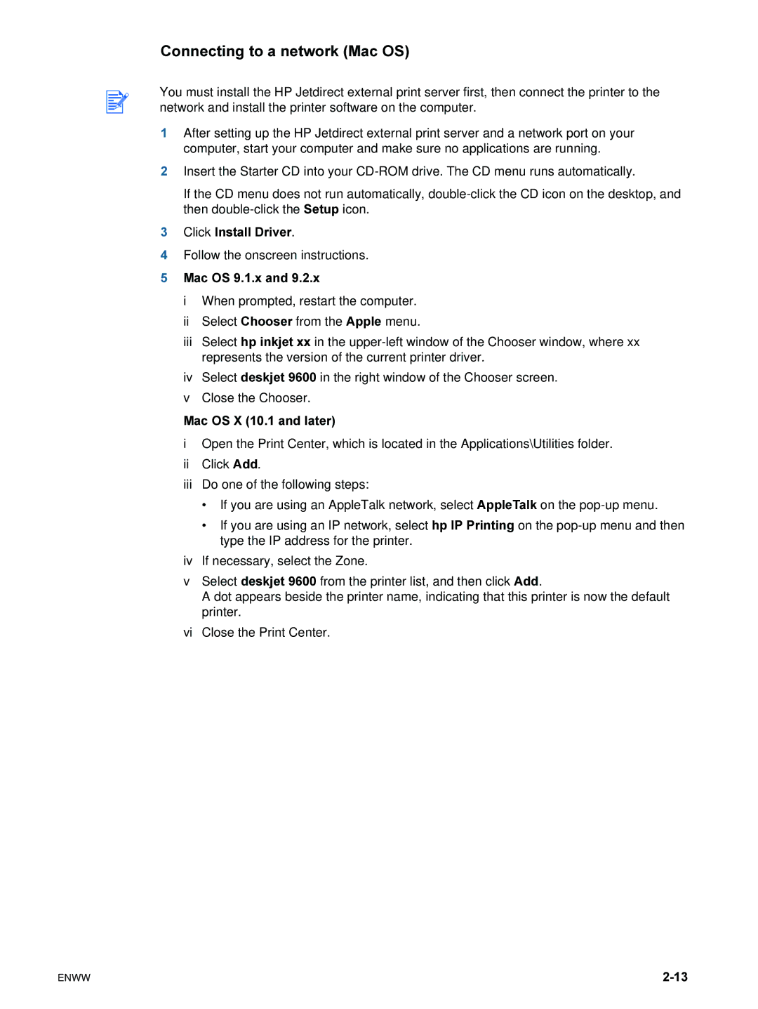 HP 9600 manual Connecting to a network Mac OS 