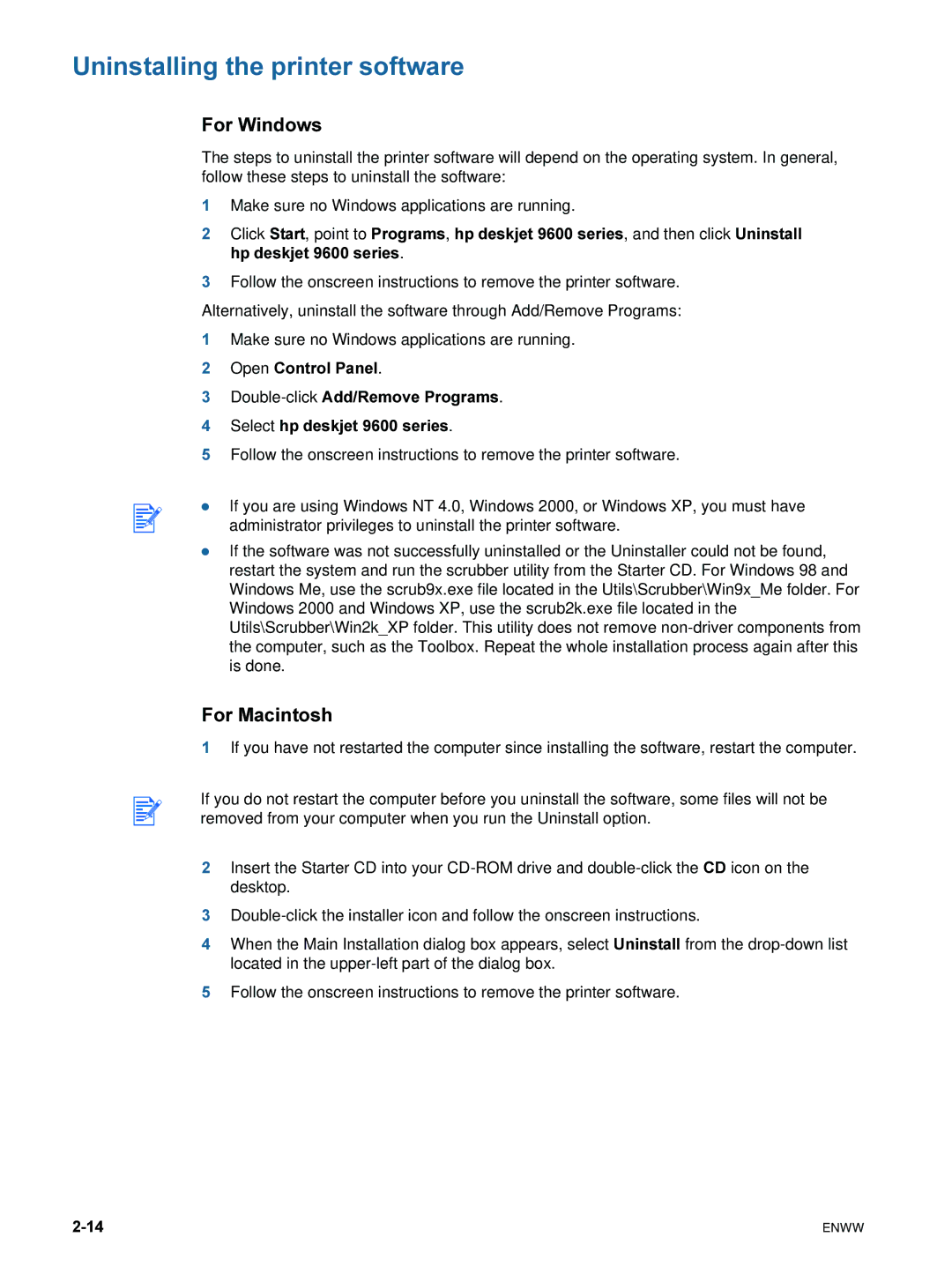 HP 9600 manual Uninstalling the printer software, For Windows, For Macintosh 